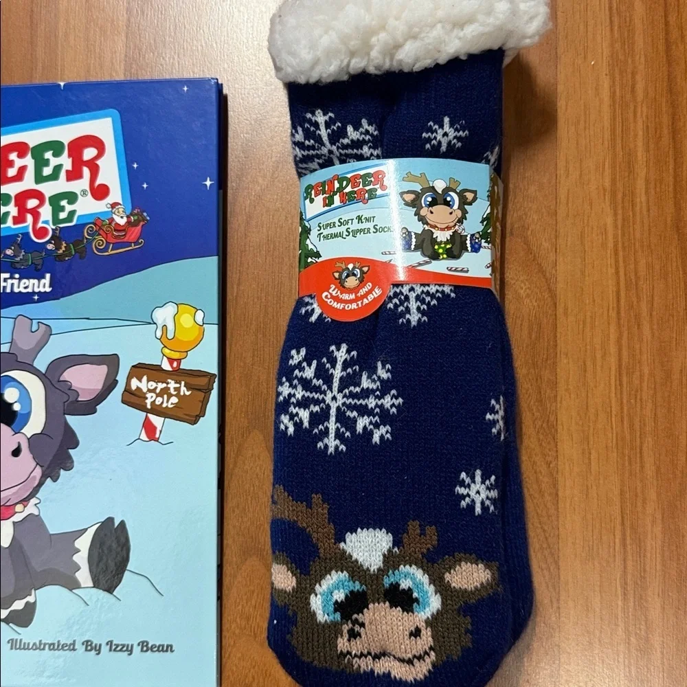Reindeer in here Christmas book and matching thermal slipper socks NWT